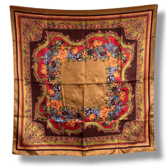 Vintage Womens Scarf Brown Blue Red Orange Floral Print Made in Italy 13962 - Picture 1 of 6